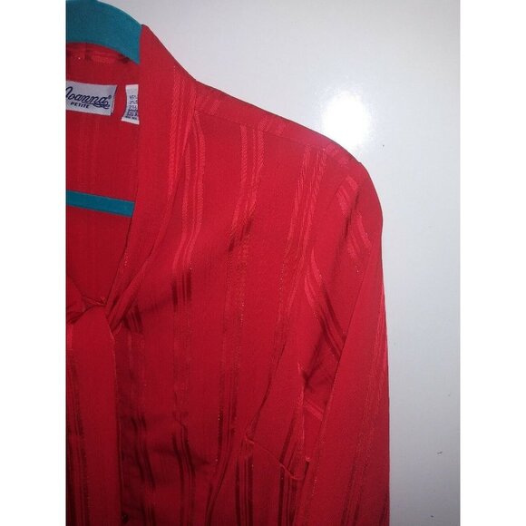 Vintage Secretary Blouse RED large Bow size PS Collar striped button up relaxed - Picture 5 of 9
